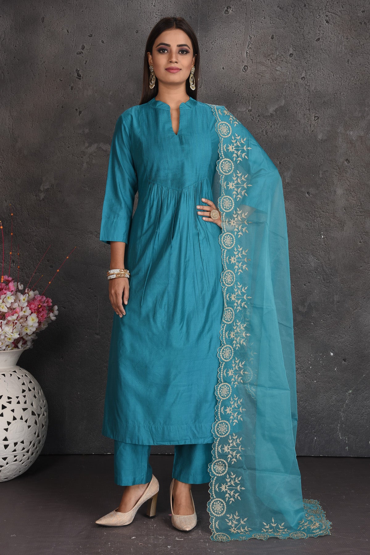 Shop stunning sea blue pant suit online in USA with embroidered dupatta. Set a fashion statement at parties in designer dresses, Anarkali suits, designer lehengas, gowns, Indowestern dresses from Pure Elegance Indian fashion store in USA.-full view