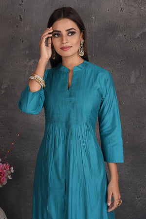Shop stunning sea blue pant suit online in USA with embroidered dupatta. Set a fashion statement at parties in designer dresses, Anarkali suits, designer lehengas, gowns, Indowestern dresses from Pure Elegance Indian fashion store in USA.-closeup
