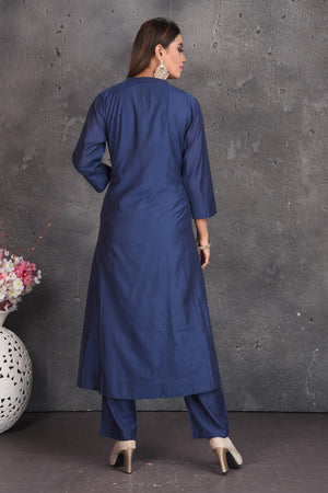 Shop elegant dark blue pant suit online in USA with embroidered dupatta. Set a fashion statement at parties in designer dresses, Anarkali suits, designer lehengas, gowns, Indowestern dresses from Pure Elegance Indian fashion store in USA.-back