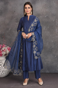 Shop elegant dark blue pant suit online in USA with embroidered dupatta. Set a fashion statement at parties in designer dresses, Anarkali suits, designer lehengas, gowns, Indowestern dresses from Pure Elegance Indian fashion store in USA.-front
