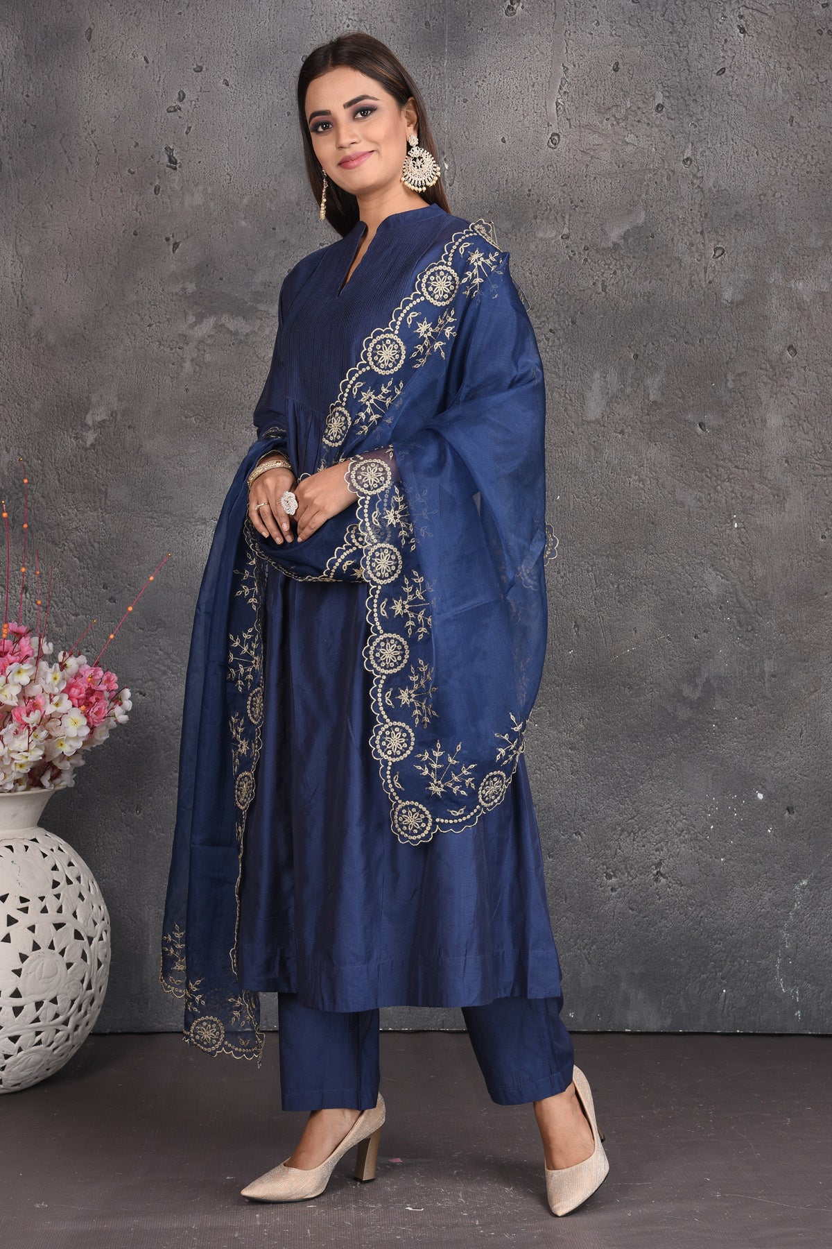 Shop elegant dark blue pant suit online in USA with embroidered dupatta. Set a fashion statement at parties in designer dresses, Anarkali suits, designer lehengas, gowns, Indowestern dresses from Pure Elegance Indian fashion store in USA.-side