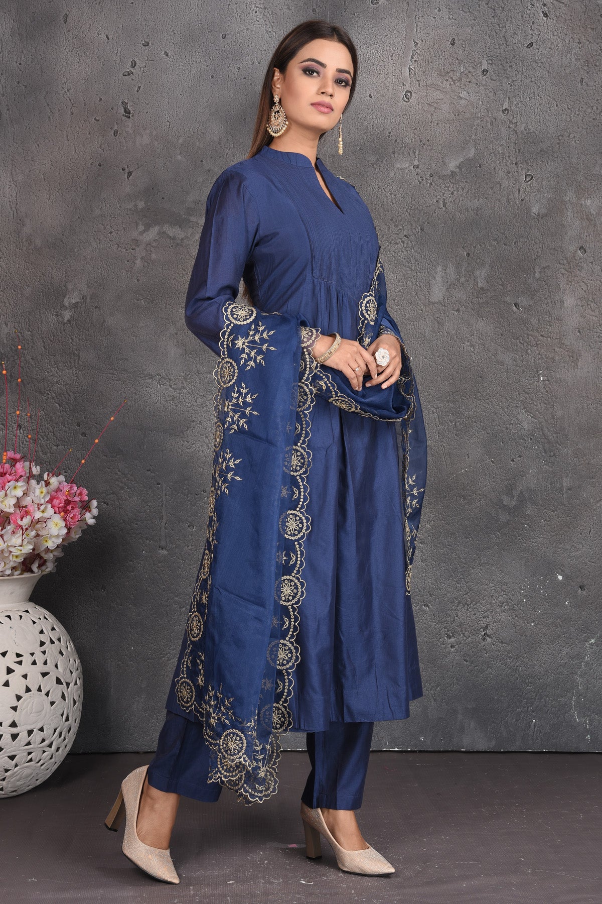 Shop elegant dark blue pant suit online in USA with embroidered dupatta. Set a fashion statement at parties in designer dresses, Anarkali suits, designer lehengas, gowns, Indowestern dresses from Pure Elegance Indian fashion store in USA.-side