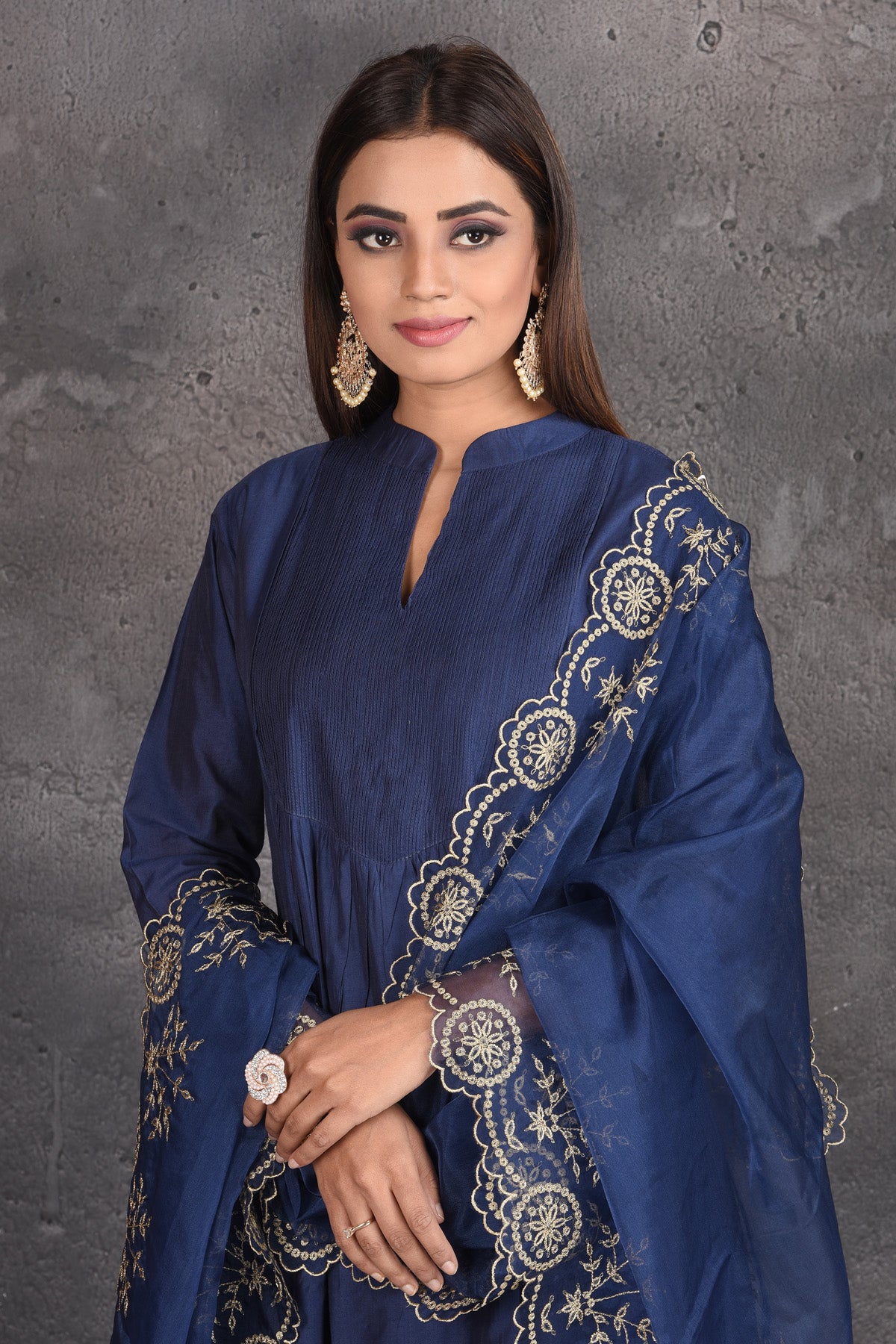Shop elegant dark blue pant suit online in USA with embroidered dupatta. Set a fashion statement at parties in designer dresses, Anarkali suits, designer lehengas, gowns, Indowestern dresses from Pure Elegance Indian fashion store in USA.-closeup