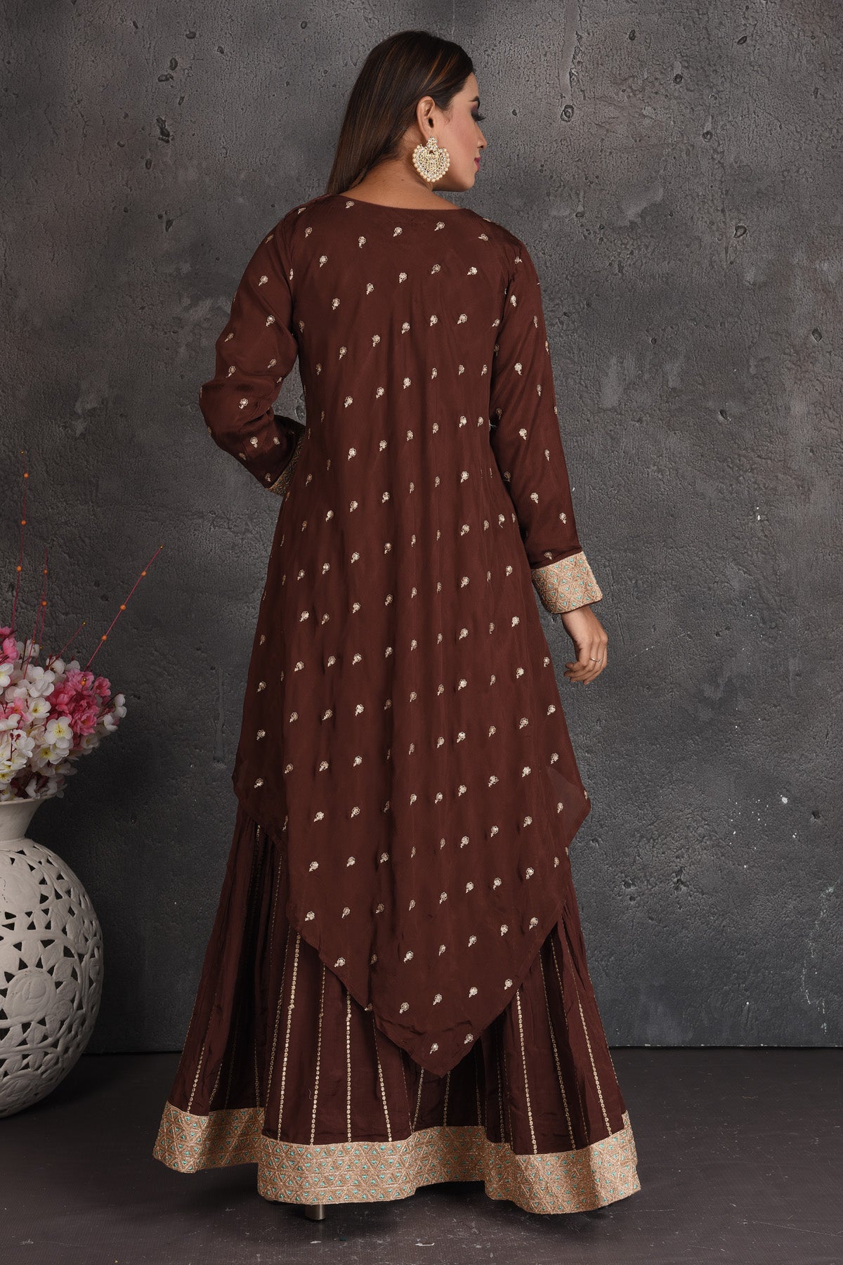 Buy stunning coffee brown embroidered skirt ser online in USA with dupatta. Set a fashion statement at parties in designer dresses, Anarkali suits, designer lehengas, gowns, Indowestern dresses from Pure Elegance Indian fashion store in USA.-back