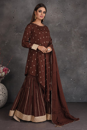 Buy stunning coffee brown embroidered skirt ser online in USA with dupatta. Set a fashion statement at parties in designer dresses, Anarkali suits, designer lehengas, gowns, Indowestern dresses from Pure Elegance Indian fashion store in USA.-right