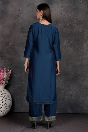 Shop stunning dark blue palazzo suit online in USA with Banarasi dupatta. Set a fashion statement at parties in designer Indian dresses, Anarkali suits, designer lehengas, gowns, Indowestern dresses from Pure Elegance Indian fashion store in USA.-back