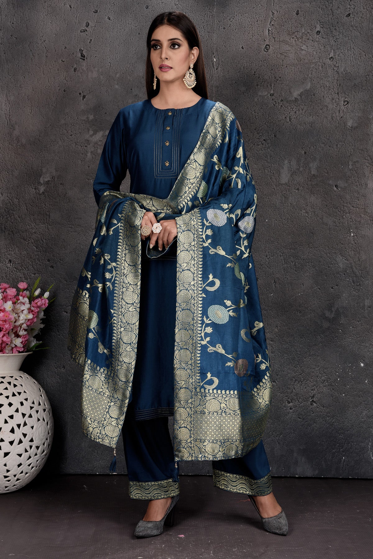 Shop stunning dark blue palazzo suit online in USA with Banarasi dupatta. Set a fashion statement at parties in designer Indian dresses, Anarkali suits, designer lehengas, gowns, Indowestern dresses from Pure Elegance Indian fashion store in USA.-full view