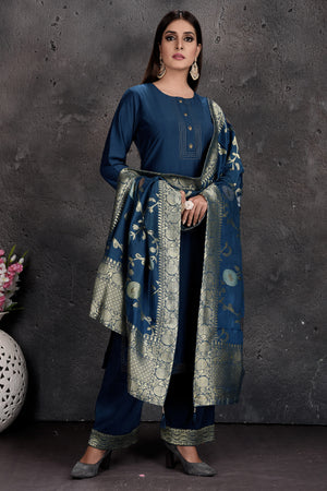 Shop stunning dark blue palazzo suit online in USA with Banarasi dupatta. Set a fashion statement at parties in designer Indian dresses, Anarkali suits, designer lehengas, gowns, Indowestern dresses from Pure Elegance Indian fashion store in USA.-front
