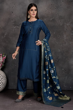 Shop stunning dark blue palazzo suit online in USA with Banarasi dupatta. Set a fashion statement at parties in designer Indian dresses, Anarkali suits, designer lehengas, gowns, Indowestern dresses from Pure Elegance Indian fashion store in USA.-side