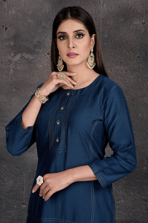 Shop stunning dark blue palazzo suit online in USA with Banarasi dupatta. Set a fashion statement at parties in designer Indian dresses, Anarkali suits, designer lehengas, gowns, Indowestern dresses from Pure Elegance Indian fashion store in USA.-closeup