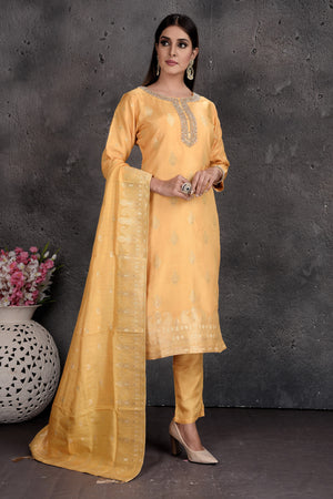 Buy stunning yellow embroidered palazzo suit online in USA with matching dupatta. Set a fashion statement at parties in designer Indian dresses, Anarkali suits, designer lehengas, gowns, Indowestern dresses from Pure Elegance Indian fashion store in USA.-side