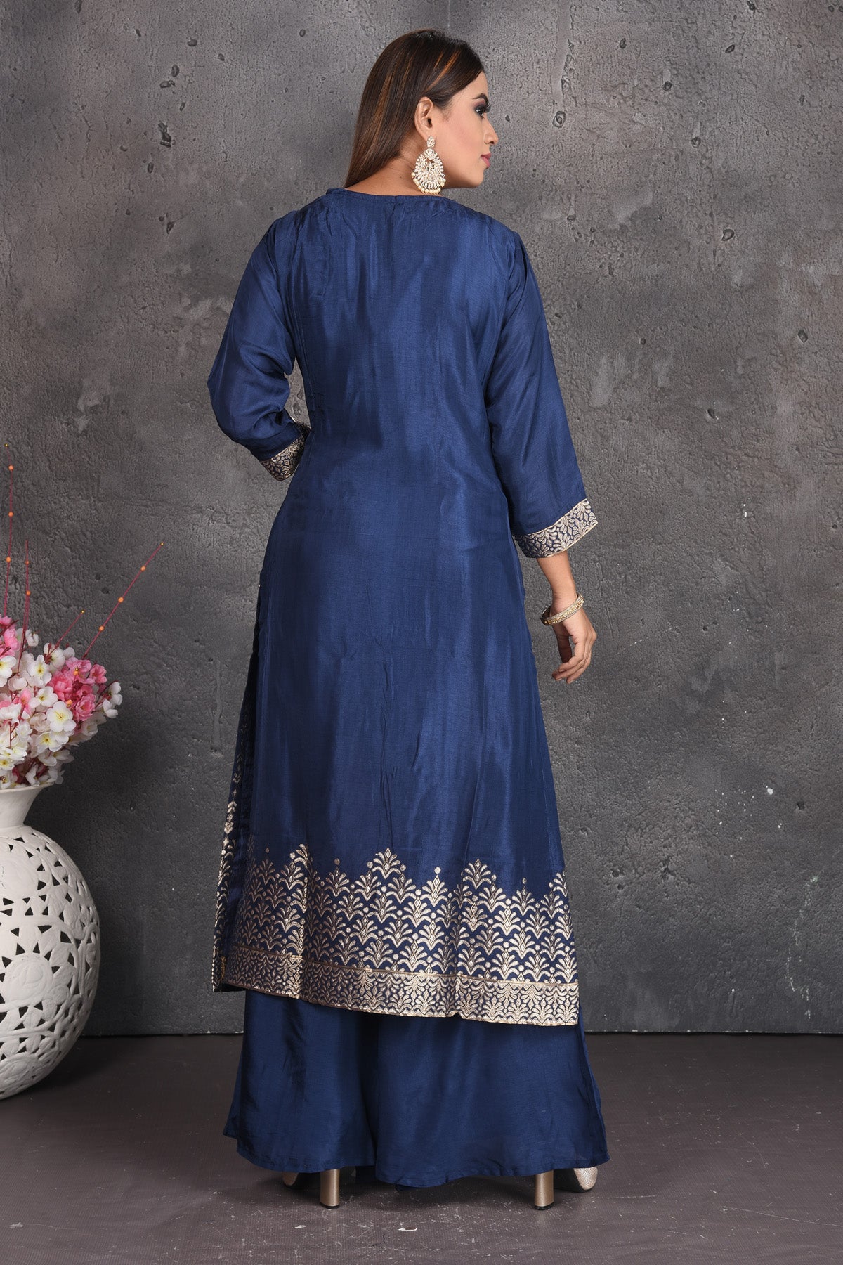 Buy beautiful blue and silver zari palazzo suit online in USA with matching dupatta. Set a fashion statement at parties in designer dresses, Anarkali suits, designer lehengas, gowns, Indowestern dresses from Pure Elegance Indian fashion store in USA.-back