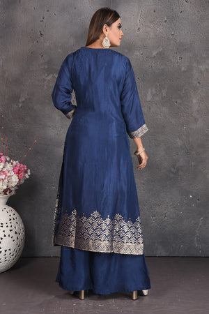 Buy beautiful blue and silver zari palazzo suit online in USA with matching dupatta. Set a fashion statement at parties in designer dresses, Anarkali suits, designer lehengas, gowns, Indowestern dresses from Pure Elegance Indian fashion store in USA.-back