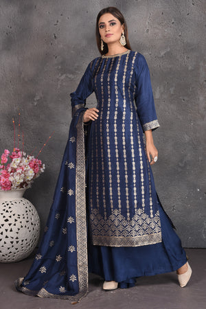 Buy beautiful blue and silver zari palazzo suit online in USA with matching dupatta. Set a fashion statement at parties in designer dresses, Anarkali suits, designer lehengas, gowns, Indowestern dresses from Pure Elegance Indian fashion store in USA.-side