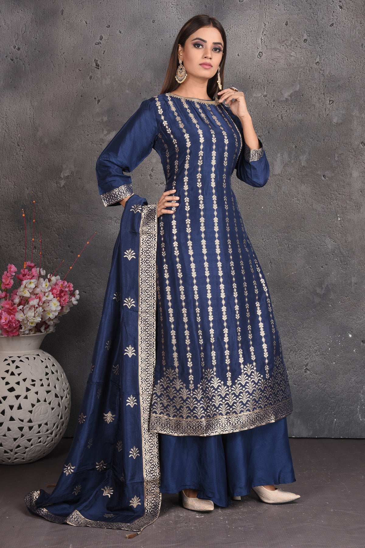 Buy beautiful blue and silver zari palazzo suit online in USA with matching dupatta. Set a fashion statement at parties in designer dresses, Anarkali suits, designer lehengas, gowns, Indowestern dresses from Pure Elegance Indian fashion store in USA.-right