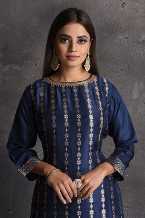 Buy beautiful blue and silver zari palazzo suit online in USA with matching dupatta. Set a fashion statement at parties in designer dresses, Anarkali suits, designer lehengas, gowns, Indowestern dresses from Pure Elegance Indian fashion store in USA.-closeup