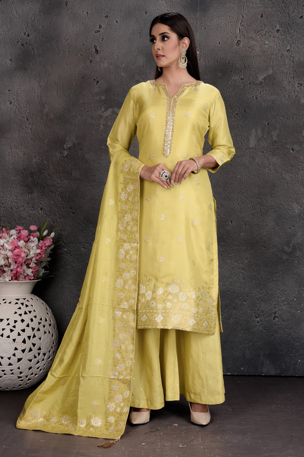 Buy beautiful light yellow embroidered palazzo suit online in USA with dupatta. Set a fashion statement at parties in designer Indian suits, Anarkali suits, designer lehengas, gowns, Indowestern dresses from Pure Elegance Indian fashion store in USA.-full view
