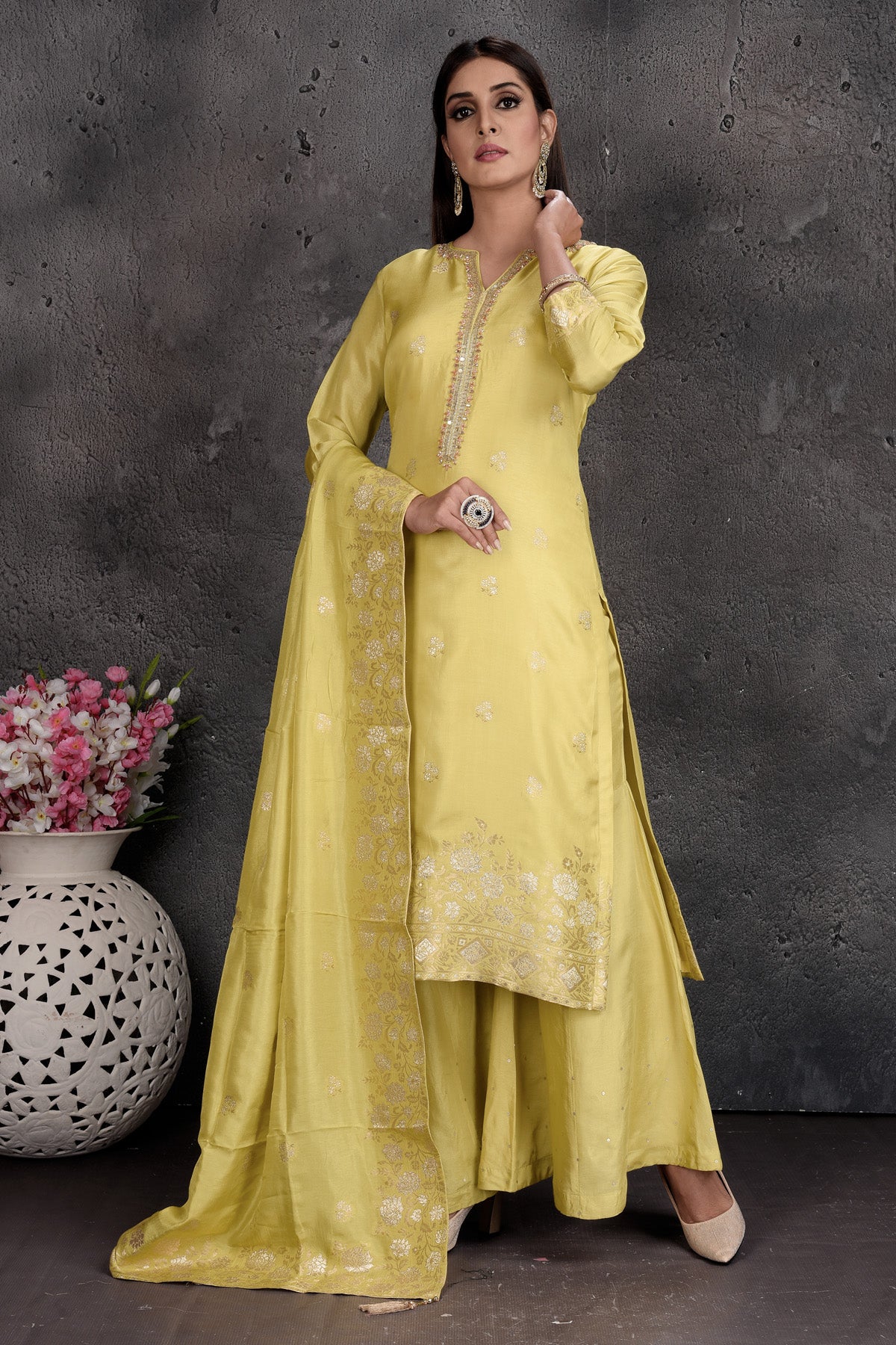 Buy beautiful light yellow embroidered palazzo suit online in USA with dupatta. Set a fashion statement at parties in designer Indian suits, Anarkali suits, designer lehengas, gowns, Indowestern dresses from Pure Elegance Indian fashion store in USA.-front