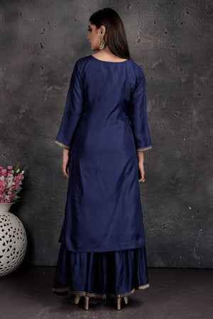 Buy beautiful dark blue embroidered designer palazzo suit online in USA with dupatta. Set a fashion statement at parties in designer Indian suits, Anarkali suits, designer lehengas, gowns, Indowestern dresses from Pure Elegance Indian fashion store in USA.-back
