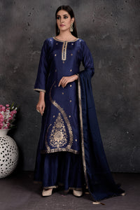 Buy beautiful dark blue embroidered designer palazzo suit online in USA with dupatta. Set a fashion statement at parties in designer Indian suits, Anarkali suits, designer lehengas, gowns, Indowestern dresses from Pure Elegance Indian fashion store in USA.-full view