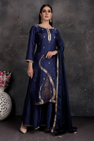 Buy beautiful dark blue embroidered designer palazzo suit online in USA with dupatta. Set a fashion statement at parties in designer Indian suits, Anarkali suits, designer lehengas, gowns, Indowestern dresses from Pure Elegance Indian fashion store in USA.-