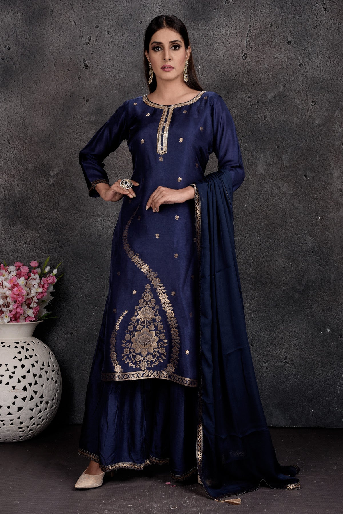 Buy beautiful dark blue embroidered designer palazzo suit online in USA with dupatta. Set a fashion statement at parties in designer Indian suits, Anarkali suits, designer lehengas, gowns, Indowestern dresses from Pure Elegance Indian fashion store in USA.-side