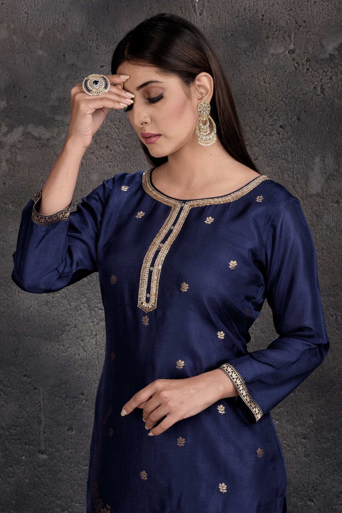 Buy beautiful dark blue embroidered designer palazzo suit online in USA with dupatta. Set a fashion statement at parties in designer Indian suits, Anarkali suits, designer lehengas, gowns, Indowestern dresses from Pure Elegance Indian fashion store in USA.-closeup