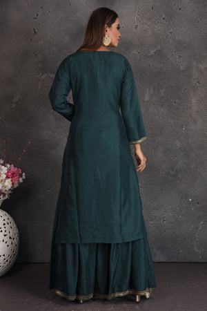 Buy stunning dark green embroidered palazzo suit online in USA with dupatta. Set a fashion statement at parties in designer dresses, Anarkali suits, designer lehengas, gowns, Indowestern dresses from Pure Elegance Indian fashion store in USA.-back