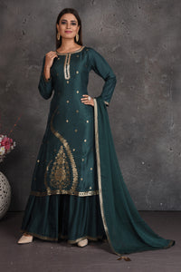 Buy stunning dark green embroidered palazzo suit online in USA with dupatta. Set a fashion statement at parties in designer dresses, Anarkali suits, designer lehengas, gowns, Indowestern dresses from Pure Elegance Indian fashion store in USA.-full view