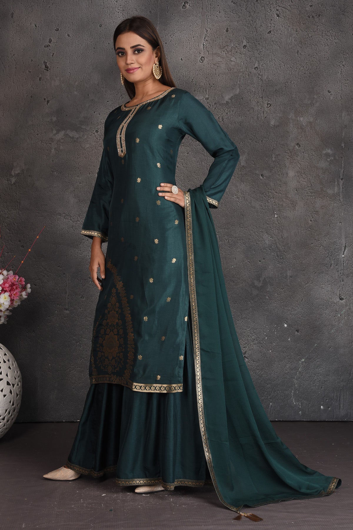 Buy stunning dark green embroidered palazzo suit online in USA with dupatta. Set a fashion statement at parties in designer dresses, Anarkali suits, designer lehengas, gowns, Indowestern dresses from Pure Elegance Indian fashion store in USA.-side