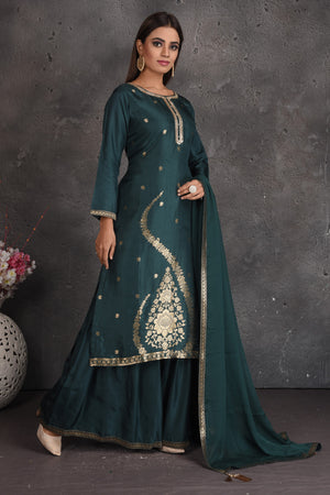 Buy stunning dark green embroidered palazzo suit online in USA with dupatta. Set a fashion statement at parties in designer dresses, Anarkali suits, designer lehengas, gowns, Indowestern dresses from Pure Elegance Indian fashion store in USA.-right