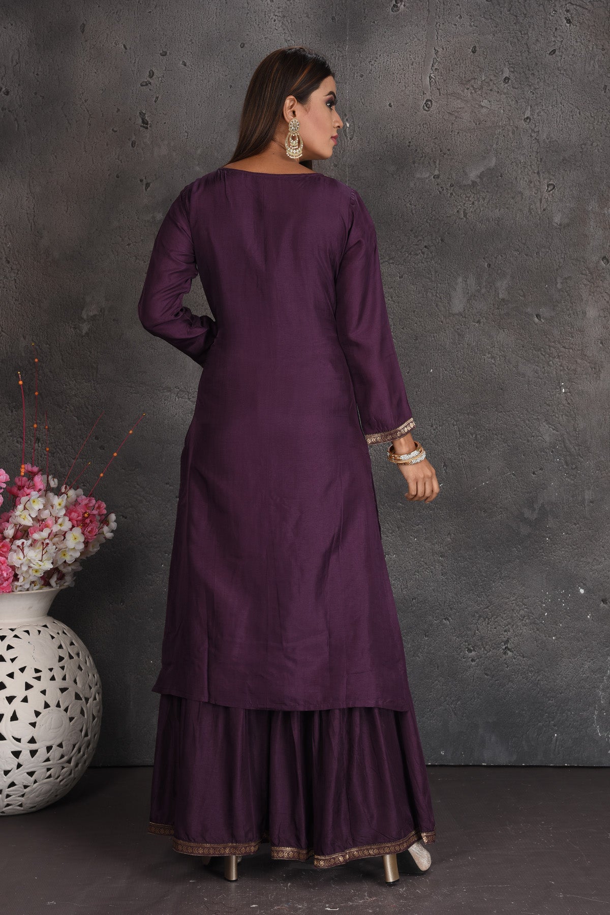 Buy stunning purple embroidered palazzo suit online in USA with dupatta. Set a fashion statement at parties in designer dresses, Anarkali suits, designer lehengas, gowns, Indowestern dresses from Pure Elegance Indian fashion store in USA.-back