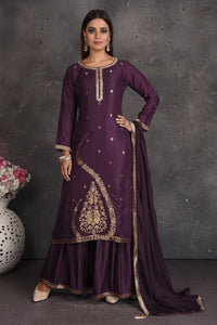 Buy stunning purple embroidered palazzo suit online in USA with dupatta. Set a fashion statement at parties in designer dresses, Anarkali suits, designer lehengas, gowns, Indowestern dresses from Pure Elegance Indian fashion store in USA.-full view
