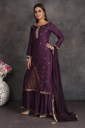 Buy stunning purple embroidered palazzo suit online in USA with dupatta. Set a fashion statement at parties in designer dresses, Anarkali suits, designer lehengas, gowns, Indowestern dresses from Pure Elegance Indian fashion store in USA.-side