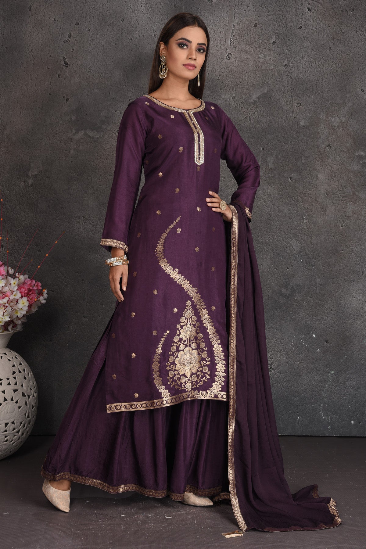 Buy stunning purple embroidered palazzo suit online in USA with dupatta. Set a fashion statement at parties in designer dresses, Anarkali suits, designer lehengas, gowns, Indowestern dresses from Pure Elegance Indian fashion store in USA.-right