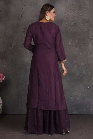 Shop beautiful aubergine and golden work palazzo suit online in USA with dupatta. Set a fashion statement at parties in designer dresses, Anarkali suits, designer lehengas, gowns, Indowestern dresses from Pure Elegance Indian fashion store in USA.-back