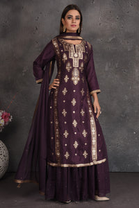 Shop beautiful aubergine and golden work palazzo suit online in USA with dupatta. Set a fashion statement at parties in designer dresses, Anarkali suits, designer lehengas, gowns, Indowestern dresses from Pure Elegance Indian fashion store in USA.-full view