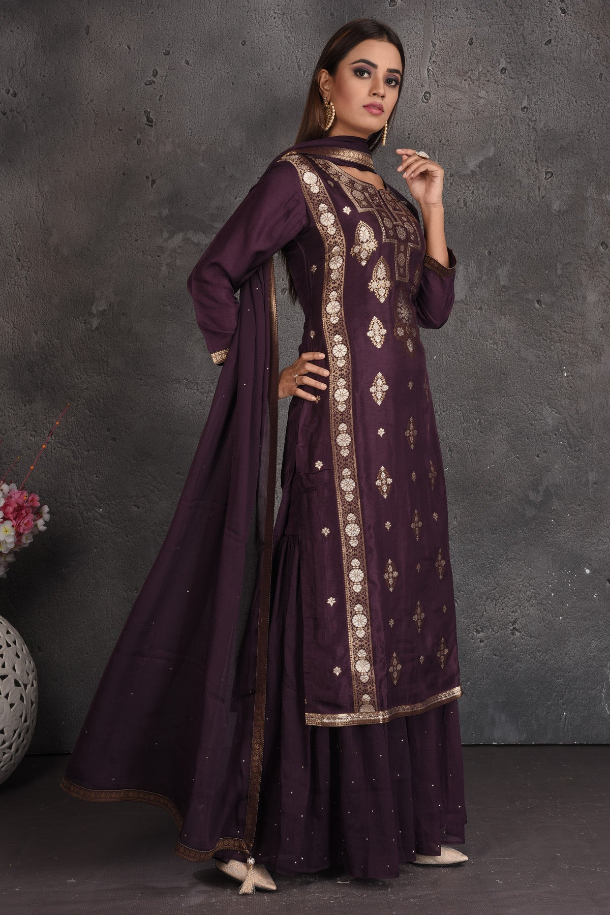 Shop beautiful aubergine and golden work palazzo suit online in USA with dupatta. Set a fashion statement at parties in designer dresses, Anarkali suits, designer lehengas, gowns, Indowestern dresses from Pure Elegance Indian fashion store in USA.-right
