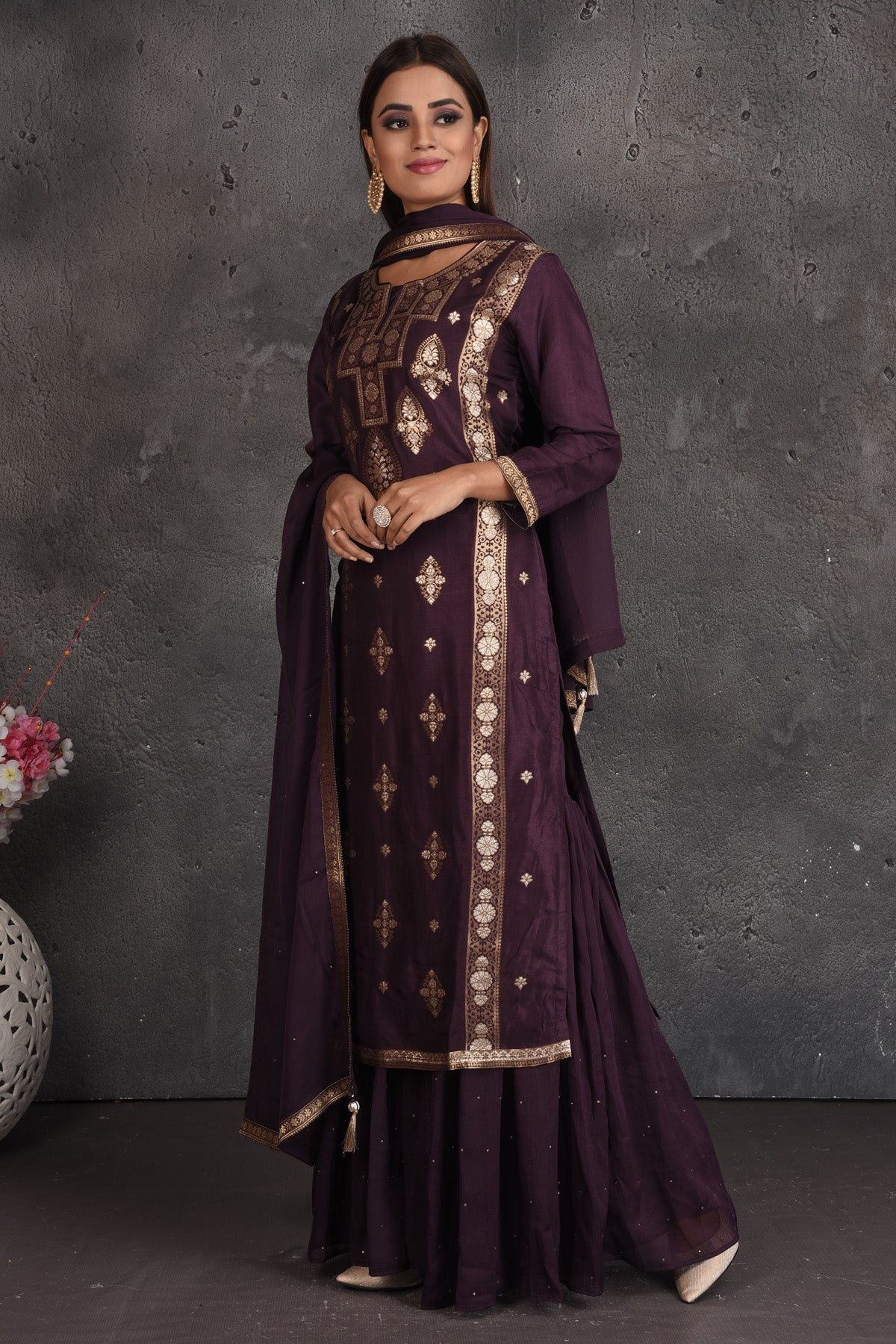 Shop beautiful aubergine and golden work palazzo suit online in USA with dupatta. Set a fashion statement at parties in designer dresses, Anarkali suits, designer lehengas, gowns, Indowestern dresses from Pure Elegance Indian fashion store in USA.-left