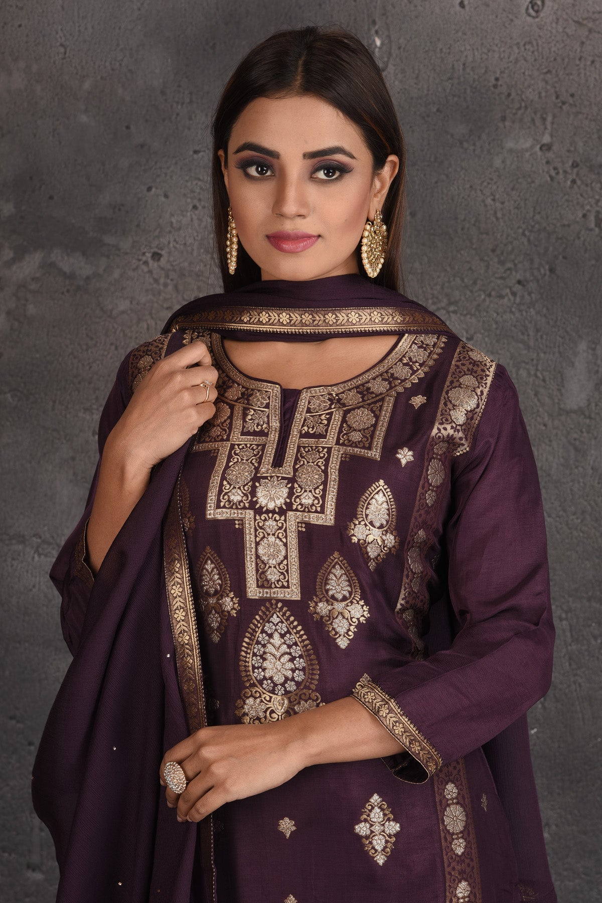 Shop beautiful aubergine and golden work palazzo suit online in USA with dupatta. Set a fashion statement at parties in designer dresses, Anarkali suits, designer lehengas, gowns, Indowestern dresses from Pure Elegance Indian fashion store in USA.-closeup