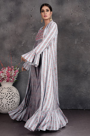 Shop stunning light grey printed maxi dress online in USA with shrug. Set a fashion statement at parties in designer Indian suits, Anarkali suits, designer lehengas, gowns, Indowestern dresses from Pure Elegance Indian fashion store in USA.-side