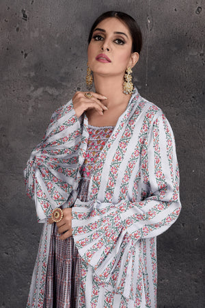 Shop stunning light grey printed maxi dress online in USA with shrug. Set a fashion statement at parties in designer Indian suits, Anarkali suits, designer lehengas, gowns, Indowestern dresses from Pure Elegance Indian fashion store in USA.-closeup