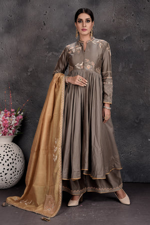 Buy beautiful grey embroidered palazzo suit online in USA with mustard dupatta. Set a fashion statement at parties in designer Indian suits, Anarkali suits, designer lehengas, gowns, Indowestern dresses from Pure Elegance Indian fashion store in USA.-full view
