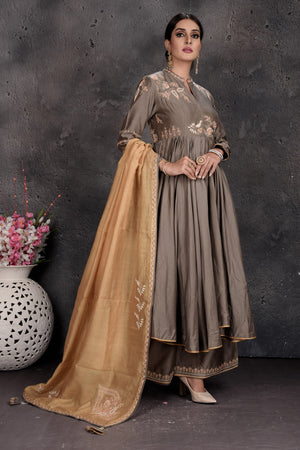 Buy beautiful grey embroidered palazzo suit online in USA with mustard dupatta. Set a fashion statement at parties in designer Indian suits, Anarkali suits, designer lehengas, gowns, Indowestern dresses from Pure Elegance Indian fashion store in USA.-side