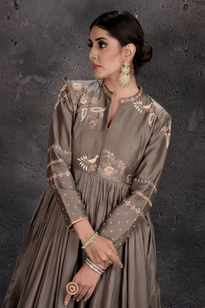Buy beautiful grey embroidered palazzo suit online in USA with mustard dupatta. Set a fashion statement at parties in designer Indian suits, Anarkali suits, designer lehengas, gowns, Indowestern dresses from Pure Elegance Indian fashion store in USA.-closeup