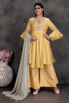 Shop stunning light yellow palazzo suit online in USA with grey dupatta. Set a fashion statement at parties in designer Indian suits, Anarkali suits, designer lehengas, gowns, Indowestern dresses from Pure Elegance Indian fashion store in USA.-full view