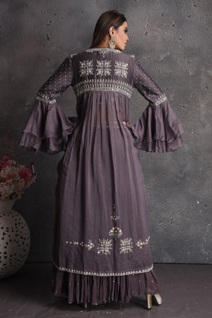 Shop stunning dark grey embroidered crop top skirt online in USA with cape. Set a fashion statement at parties in designer dresses, Anarkali suits, designer lehengas, gowns, Indowestern dresses from Pure Elegance Indian fashion store in USA.-back