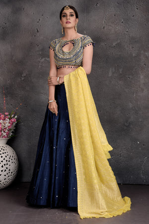 Buy stunning dark blue and embroidered designer lehenga online in USA with dupatta. Set a fashion statement at parties in designer Indian suits, Anarkali suits, designer lehengas, gowns, Indowestern dresses from Pure Elegance Indian fashion store in USA.-dupatta