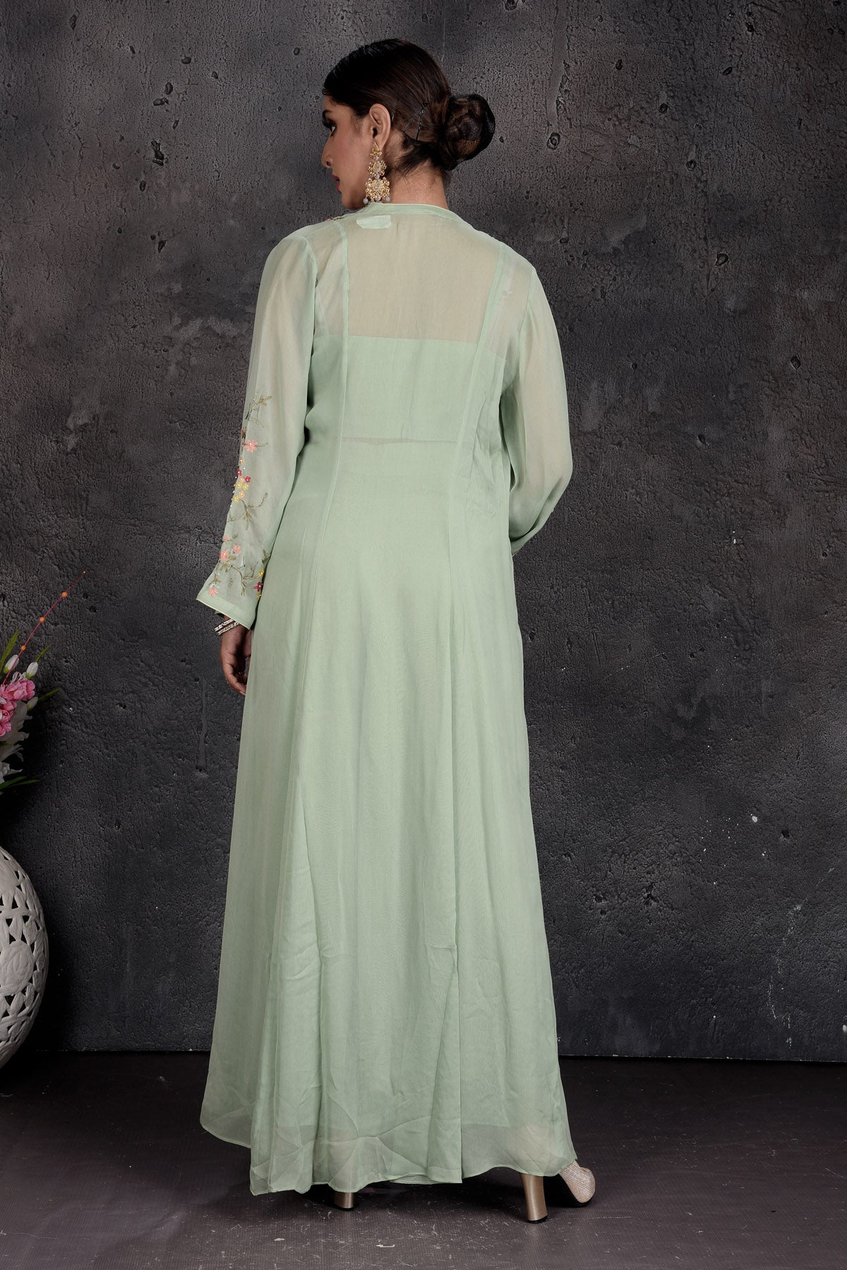 Shop stunning sage green embroidered palazzo and crop top online in USA with shrug. Set a fashion statement at parties in designer Indian suits, Anarkali suits, designer lehengas, gowns, Indowestern dresses from Pure Elegance Indian fashion store in USA.-back