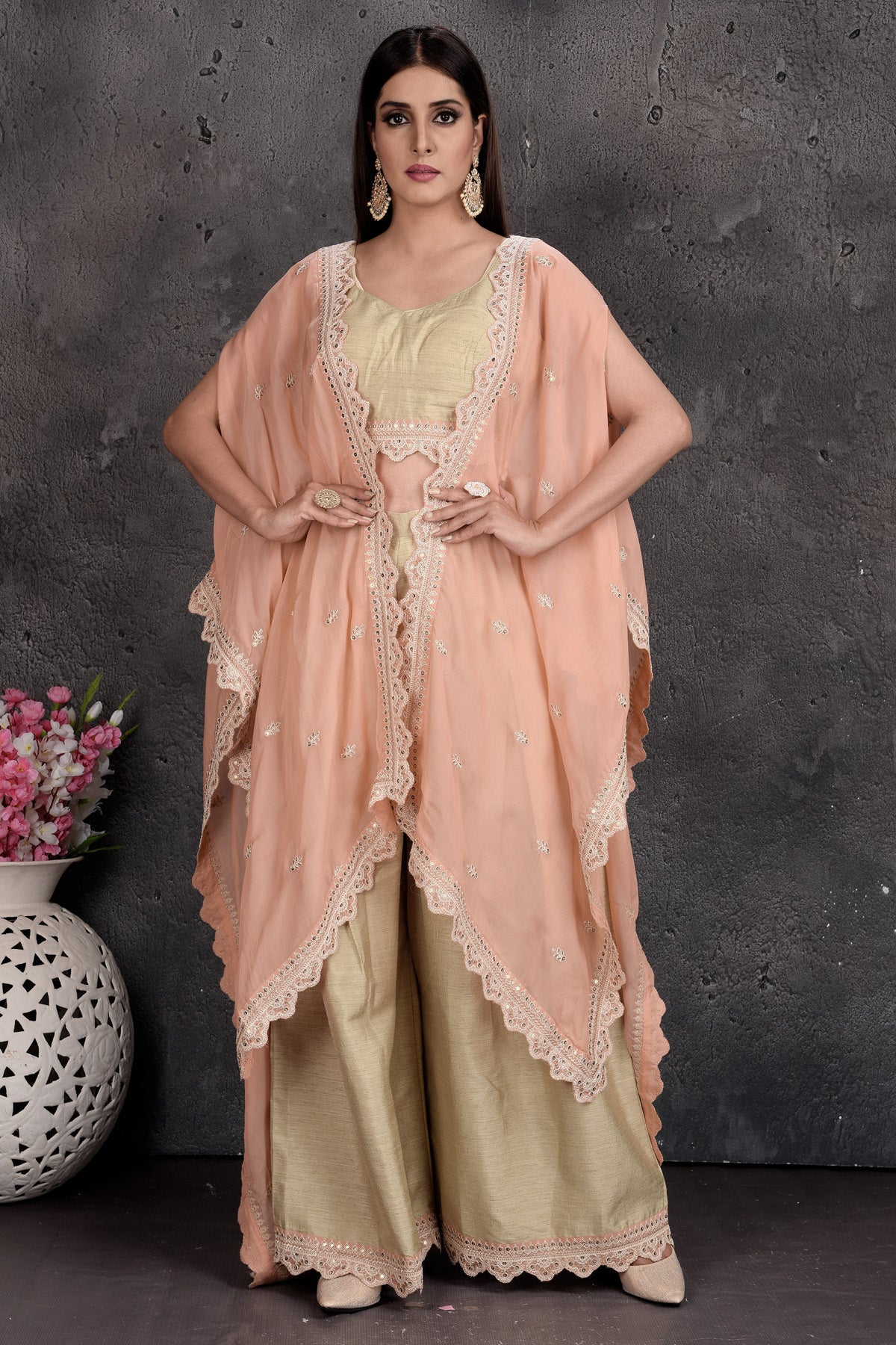 Shop beautiful golden crop top and palazzo online in USA with peach shrug. Set a fashion statement at parties in designer Indian suits, Anarkali suits, designer lehengas, gowns, Indowestern dresses from Pure Elegance Indian fashion store in USA.-front